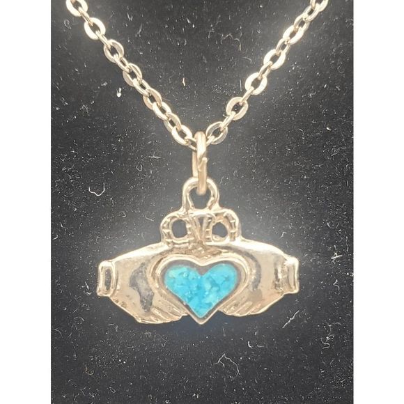 Silver-tone and Turquoise Praying Hands Necklace/Earring Set - 16" - Picture 2 of 4